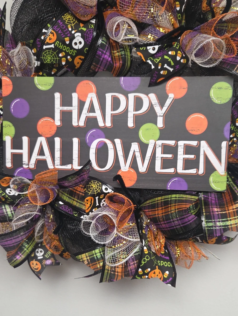 Happy Halloween Pumpkin Skeleton Plaid Black Deco Mesh Holiday Wreath Door Decor